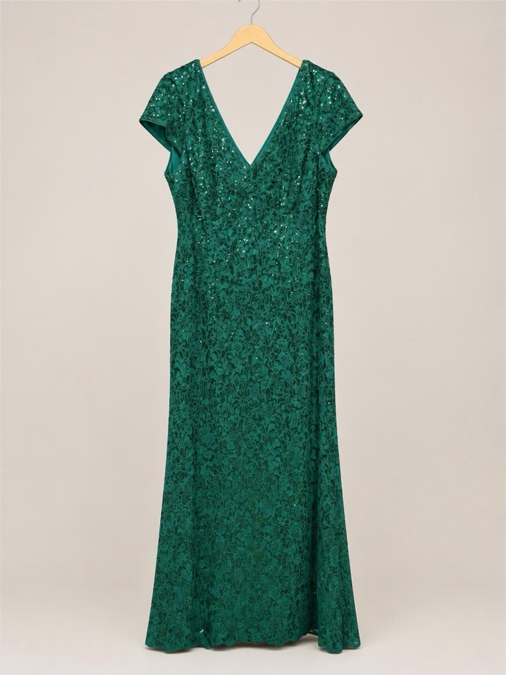 R&M Richards Emerald Lace V-Neck Evening Gown